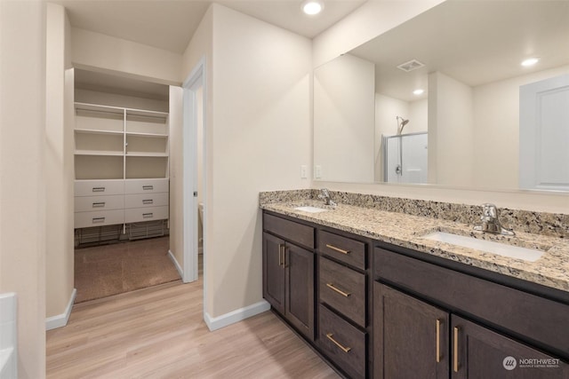 bathroom with vanity, a shower with shower door, and hardwood / wood-style floors