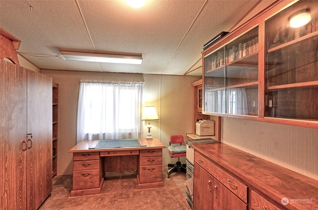 carpeted home office with a textured ceiling