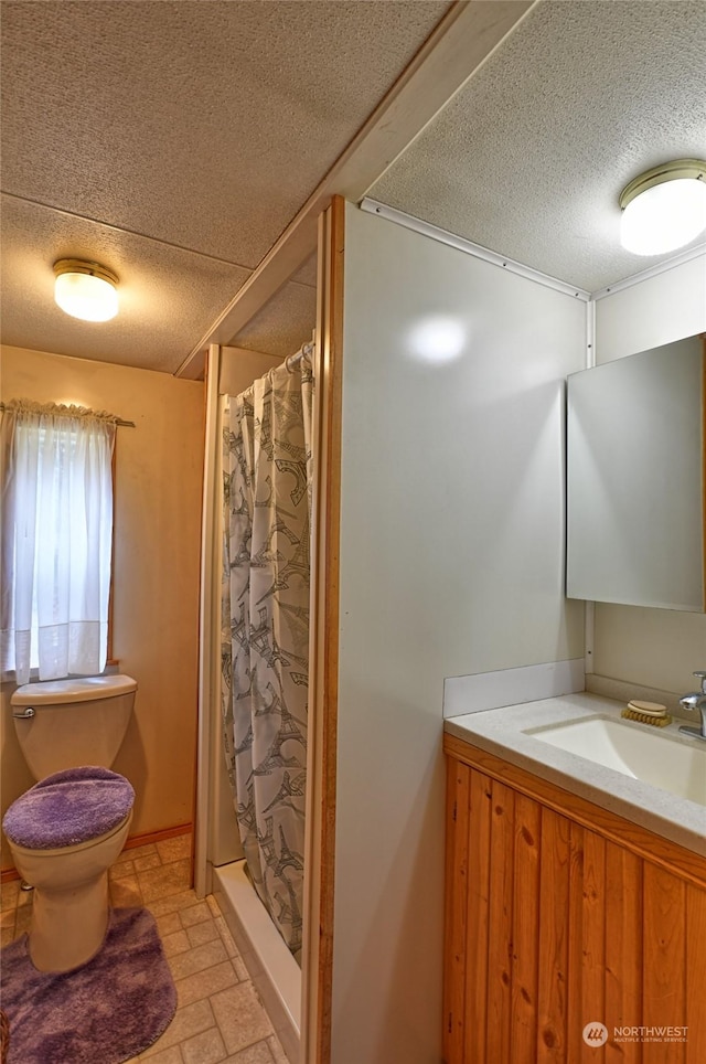 bathroom with vanity, toilet, curtained shower, and a textured ceiling