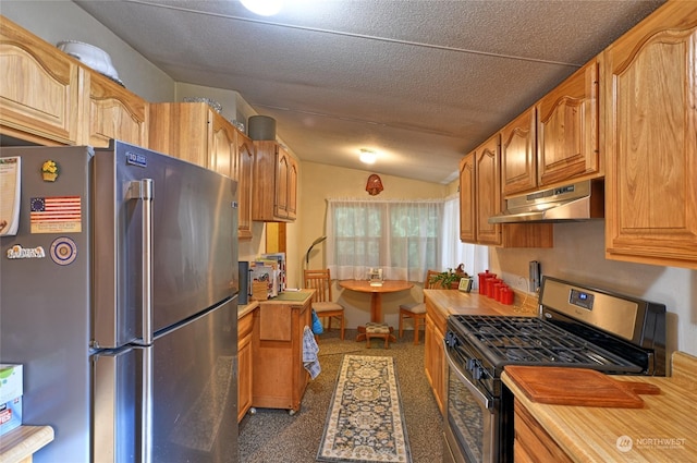 kitchen with appliances with stainless steel finishes, vaulted ceiling, and a textured ceiling