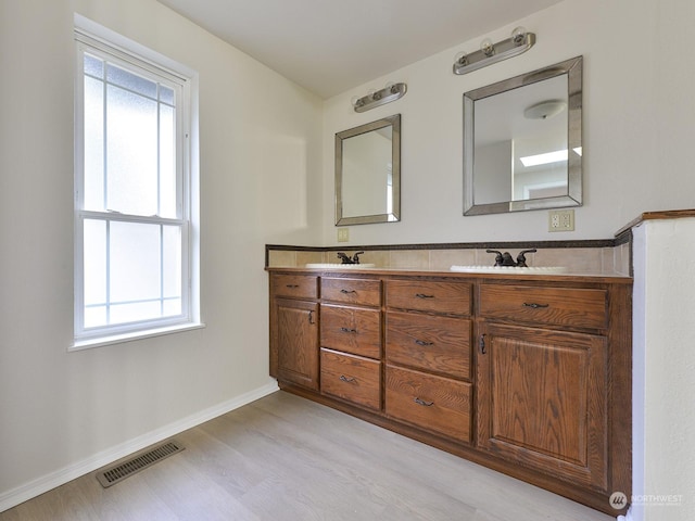 bathroom with vanity and wood-type flooring