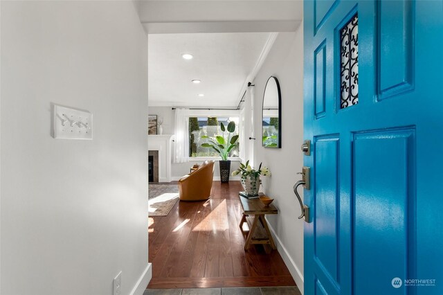 foyer featuring a tiled fireplace, ornamental molding, and dark hardwood / wood-style floors