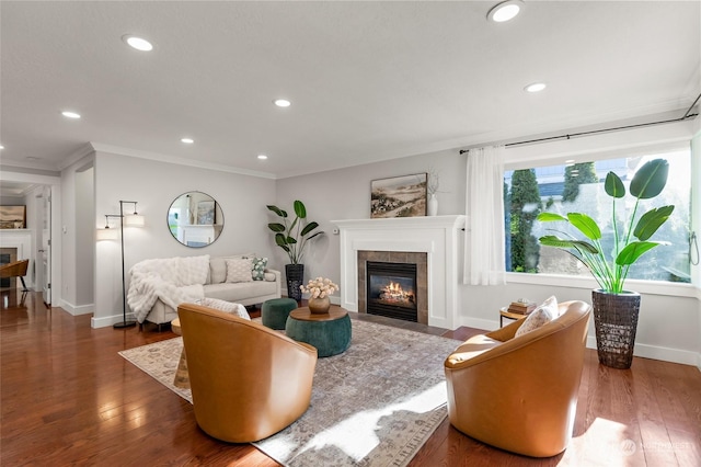 living room with a tile fireplace, dark hardwood / wood-style floors, and crown molding