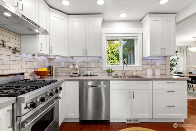 kitchen with sink, white cabinetry, dark hardwood / wood-style floors, stainless steel appliances, and range hood