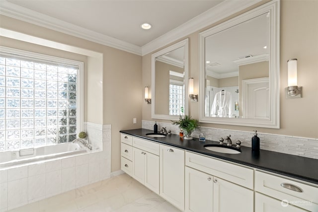 bathroom featuring ornamental molding, tiled bath, vanity, and backsplash