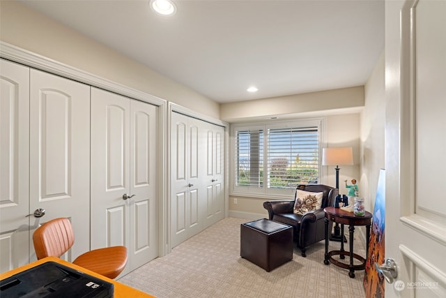 living area with light colored carpet