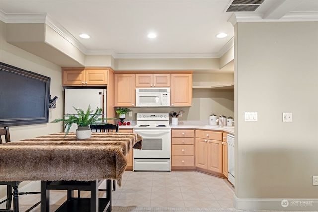 kitchen featuring ornamental molding, light brown cabinets, and white appliances