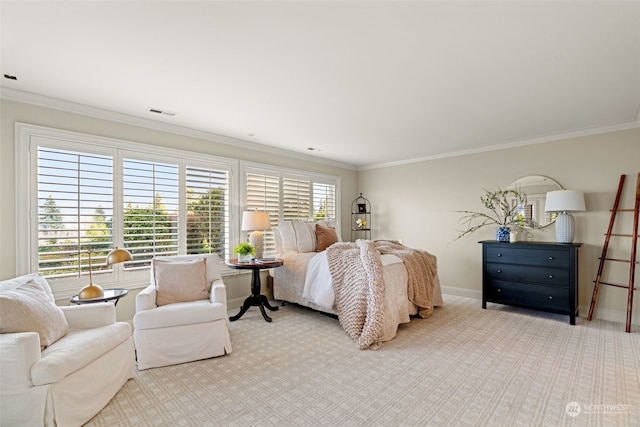 carpeted bedroom with crown molding