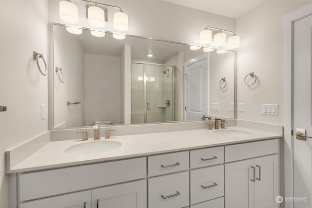 bathroom featuring vanity and a shower with shower door