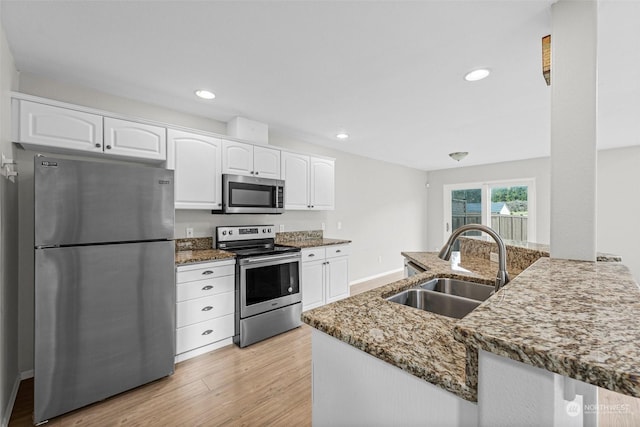 kitchen featuring appliances with stainless steel finishes, sink, white cabinets, dark stone counters, and kitchen peninsula