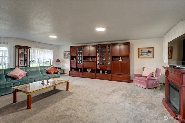 living room featuring light carpet and a textured ceiling