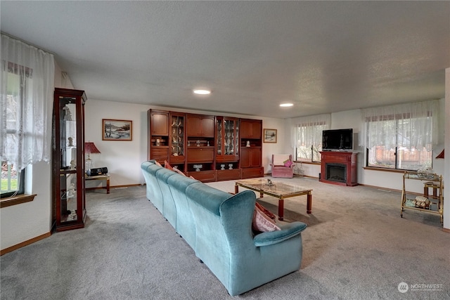 carpeted living room featuring a textured ceiling