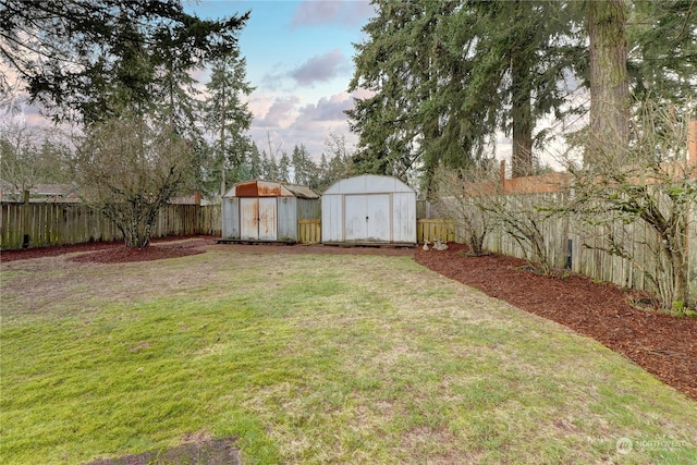 view of yard featuring a storage unit