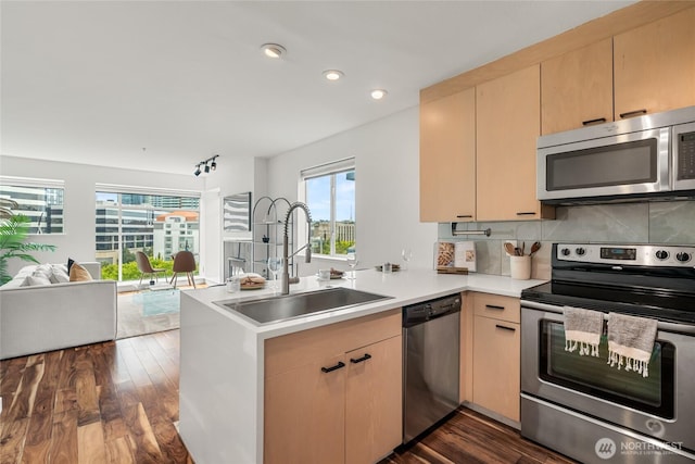 kitchen with light countertops, appliances with stainless steel finishes, open floor plan, a sink, and a peninsula