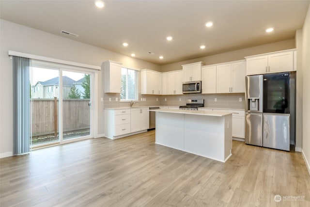 kitchen with white cabinetry, stainless steel appliances, a kitchen island, and backsplash