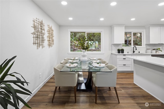 dining space featuring dark hardwood / wood-style floors and sink