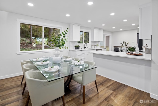 dining room with dark hardwood / wood-style floors and sink