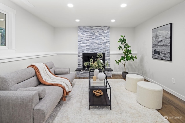 living room with a large fireplace and wood-type flooring