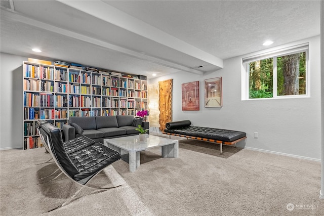 sitting room with carpet flooring and a textured ceiling