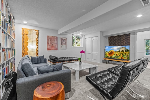 living room featuring a wealth of natural light, a textured ceiling, and carpet