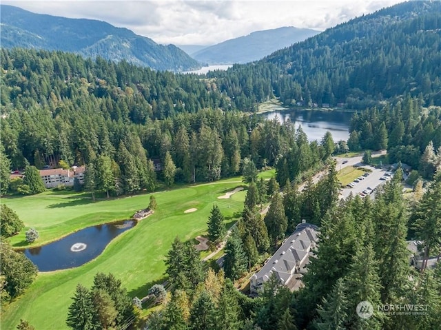 birds eye view of property with a water and mountain view