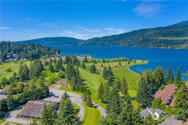 bird's eye view featuring a water and mountain view