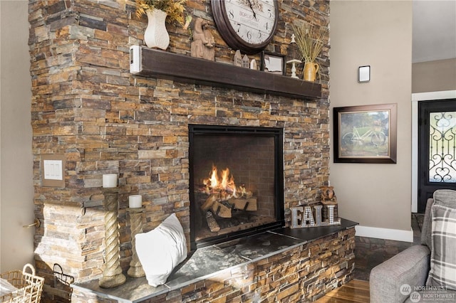 room details with a fireplace and hardwood / wood-style floors