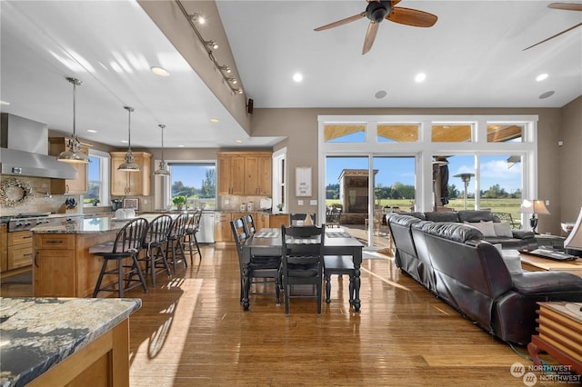 dining area with ceiling fan, vaulted ceiling, and dark hardwood / wood-style flooring