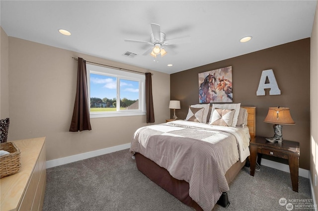 carpeted bedroom with ceiling fan