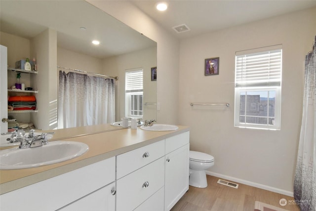 bathroom featuring vanity, toilet, and hardwood / wood-style floors