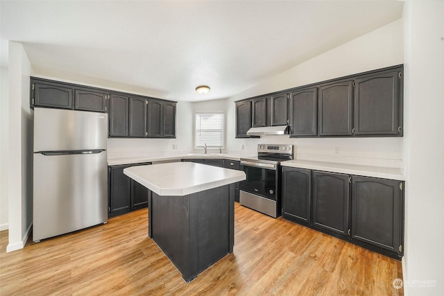 kitchen with light hardwood / wood-style floors, stainless steel appliances, a center island, and sink