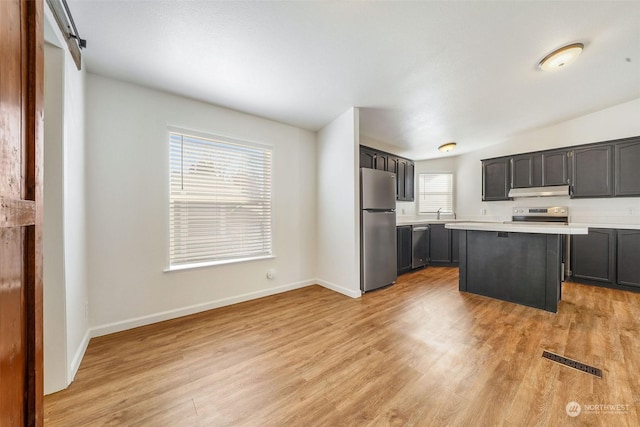 kitchen with dark brown cabinetry, stainless steel appliances, light hardwood / wood-style floors, and a kitchen island