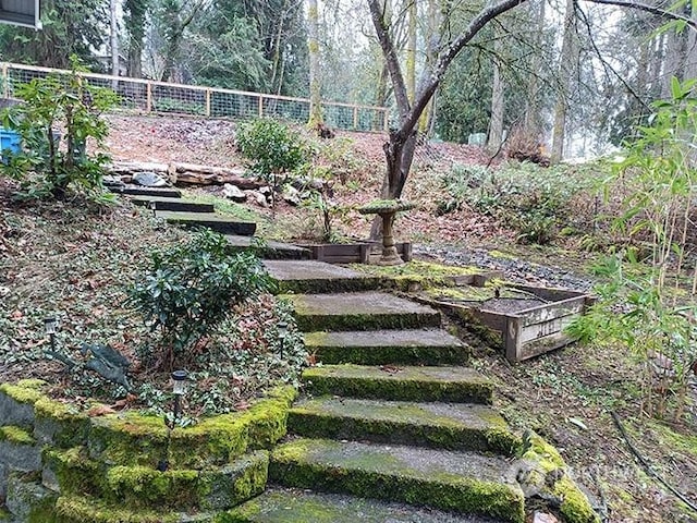 view of yard featuring fence and a vegetable garden