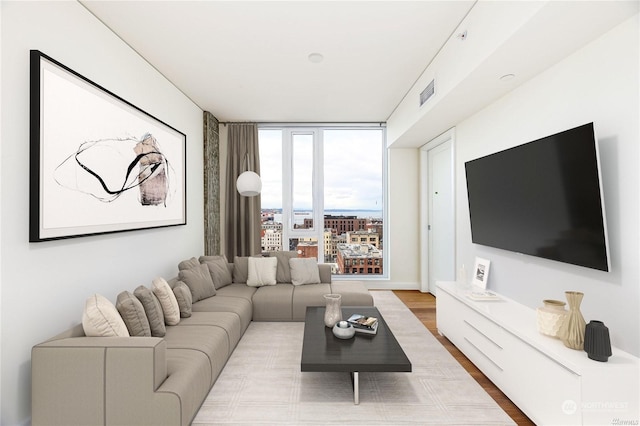 living room with expansive windows and wood-type flooring