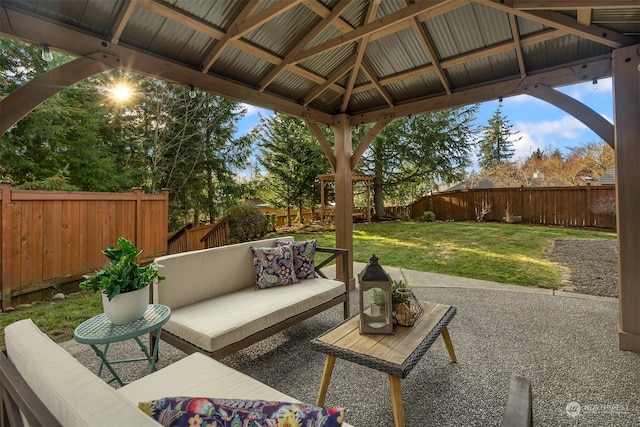 view of patio / terrace featuring a gazebo and an outdoor hangout area