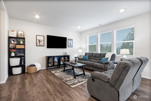 living room with dark hardwood / wood-style floors