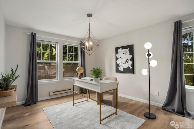 office area with plenty of natural light, wood-type flooring, and baseboard heating