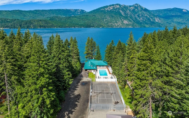 birds eye view of property featuring a water and mountain view