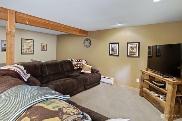 living room featuring beam ceiling, light carpet, and baseboard heating