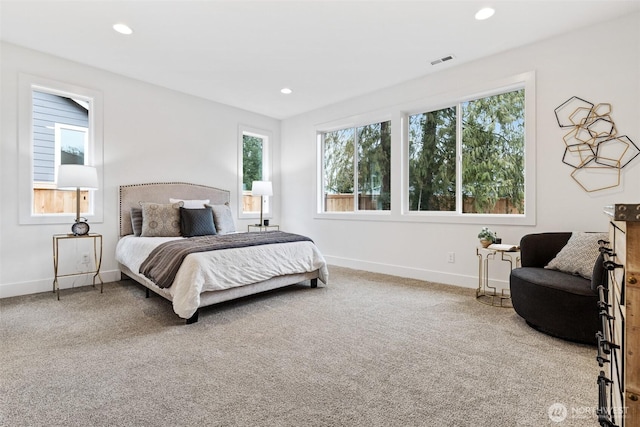 bedroom with baseboards, carpet flooring, visible vents, and recessed lighting