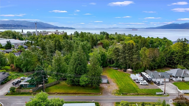 birds eye view of property with a water and mountain view