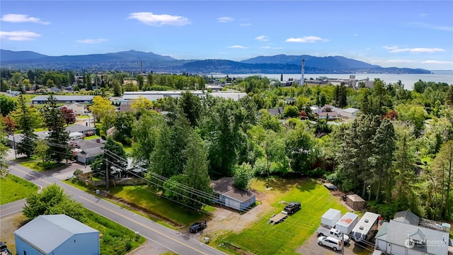 drone / aerial view featuring a mountain view