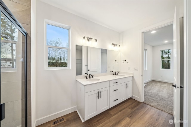 bathroom with hardwood / wood-style flooring and vanity