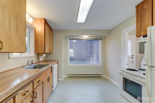 kitchen with ventilation hood, a baseboard heating unit, sink, and white appliances