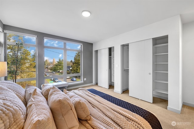 bedroom with multiple closets and light carpet