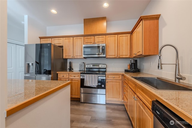 kitchen with stainless steel appliances, dark hardwood / wood-style floors, and sink