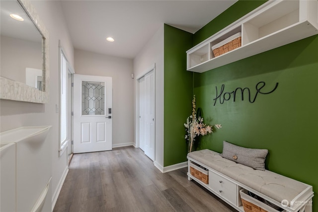 mudroom with hardwood / wood-style flooring