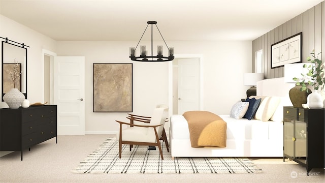 interior space featuring light colored carpet, a barn door, and a chandelier