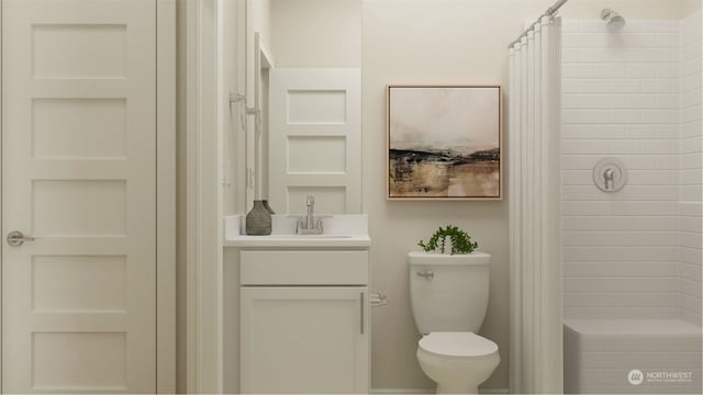 bathroom with vanity, a shower with shower curtain, and toilet