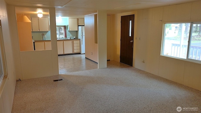 empty room featuring light carpet, wood walls, visible vents, and a sink